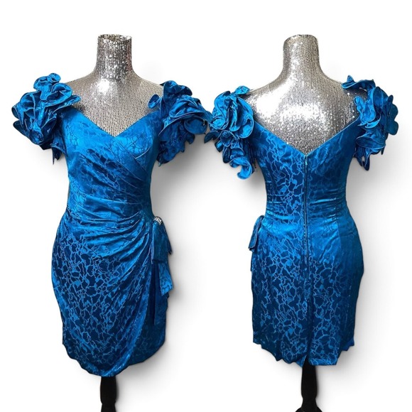 A.J. Bari Dresses & Skirts - Vintage AJ Bari 100% Silk Teal Floral Ruched Ruffle Sleeve Cocktail Dress Size 8